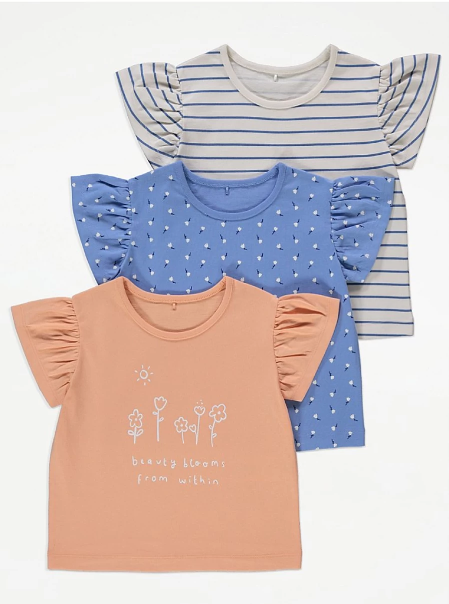 "George at Asda Girls' Floral Stripe Frill Sleeve Tops 3-Pack | Cute Summer Blouses"