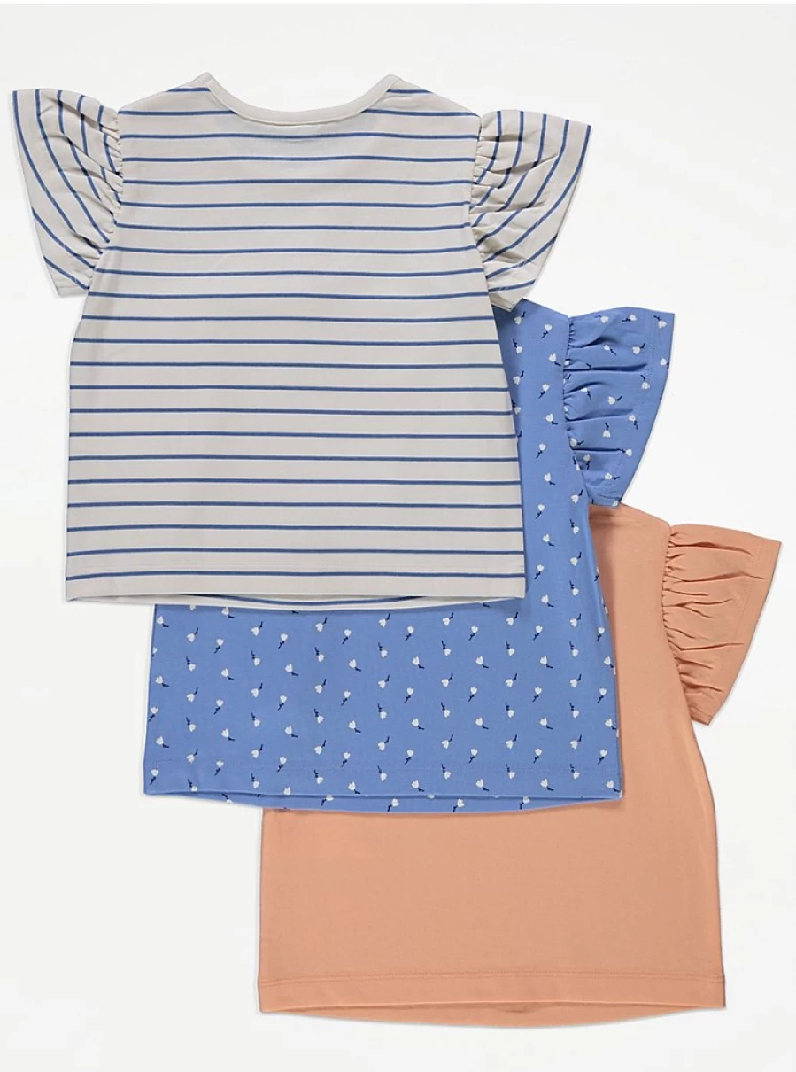 "George at Asda Girls' Floral Stripe Frill Sleeve Tops 3-Pack | Cute Summer Blouses"