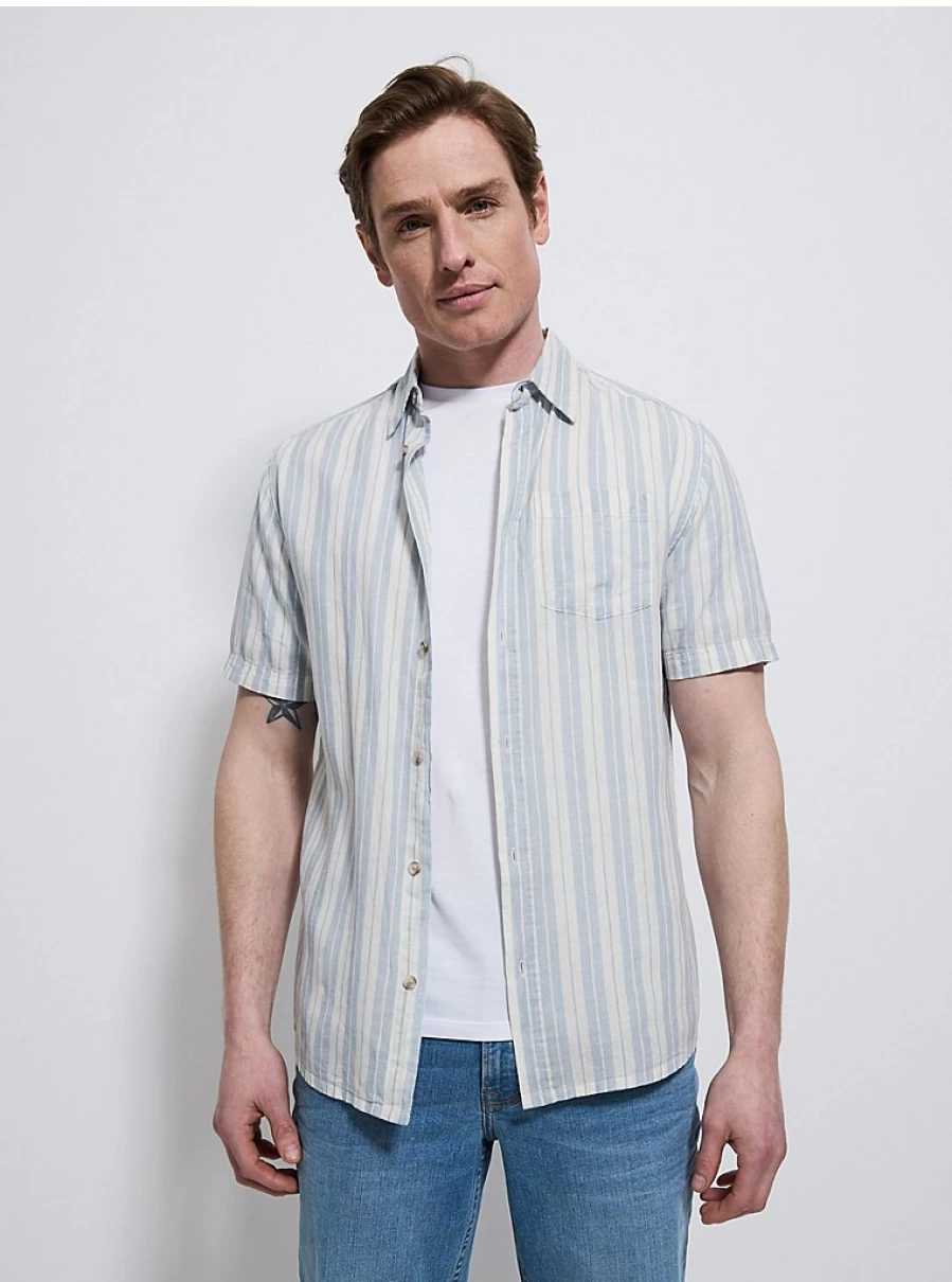 Men's Light Blue Striped Linen Short Sleeve Shirt | George at Asda