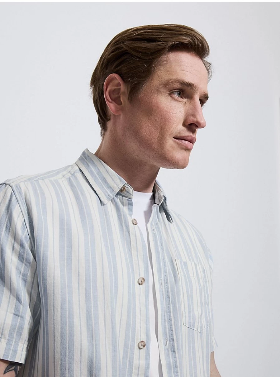 Men's Light Blue Striped Linen Short Sleeve Shirt | George at Asda