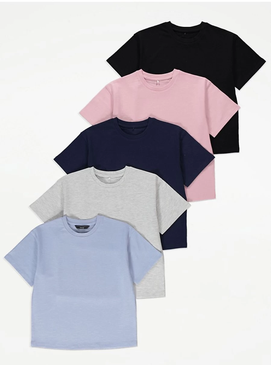 "George at Asda Girls' Plain T-Shirts 5-Pack | Soft Cotton Kids' Tees | Multi-Pack Essentials"