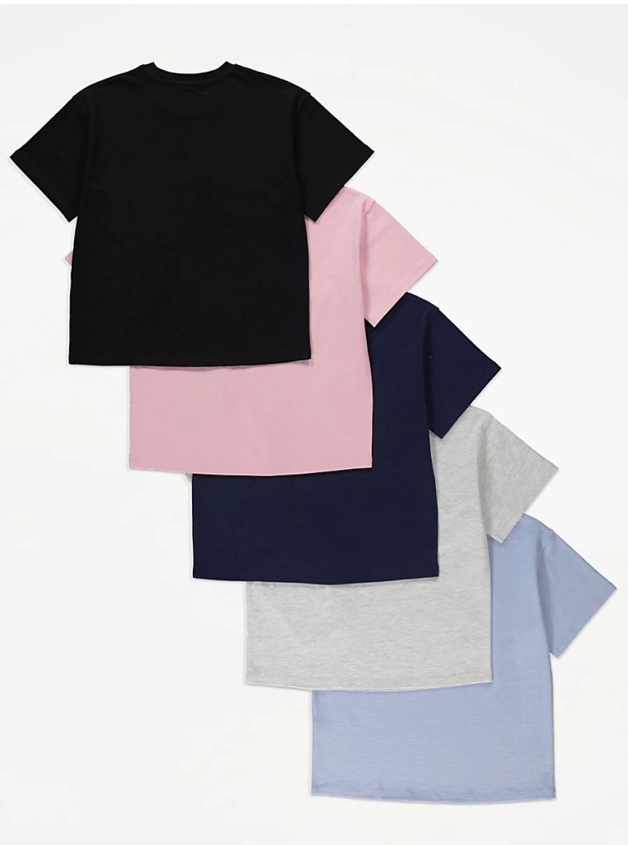 "George at Asda Girls' Plain T-Shirts 5-Pack | Soft Cotton Kids' Tees | Multi-Pack Essentials"