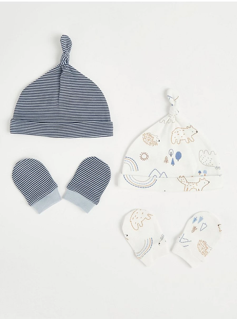 George at Asda Baby Woodland Animal Hat and Mittens Set - 2 Pack for Newborns