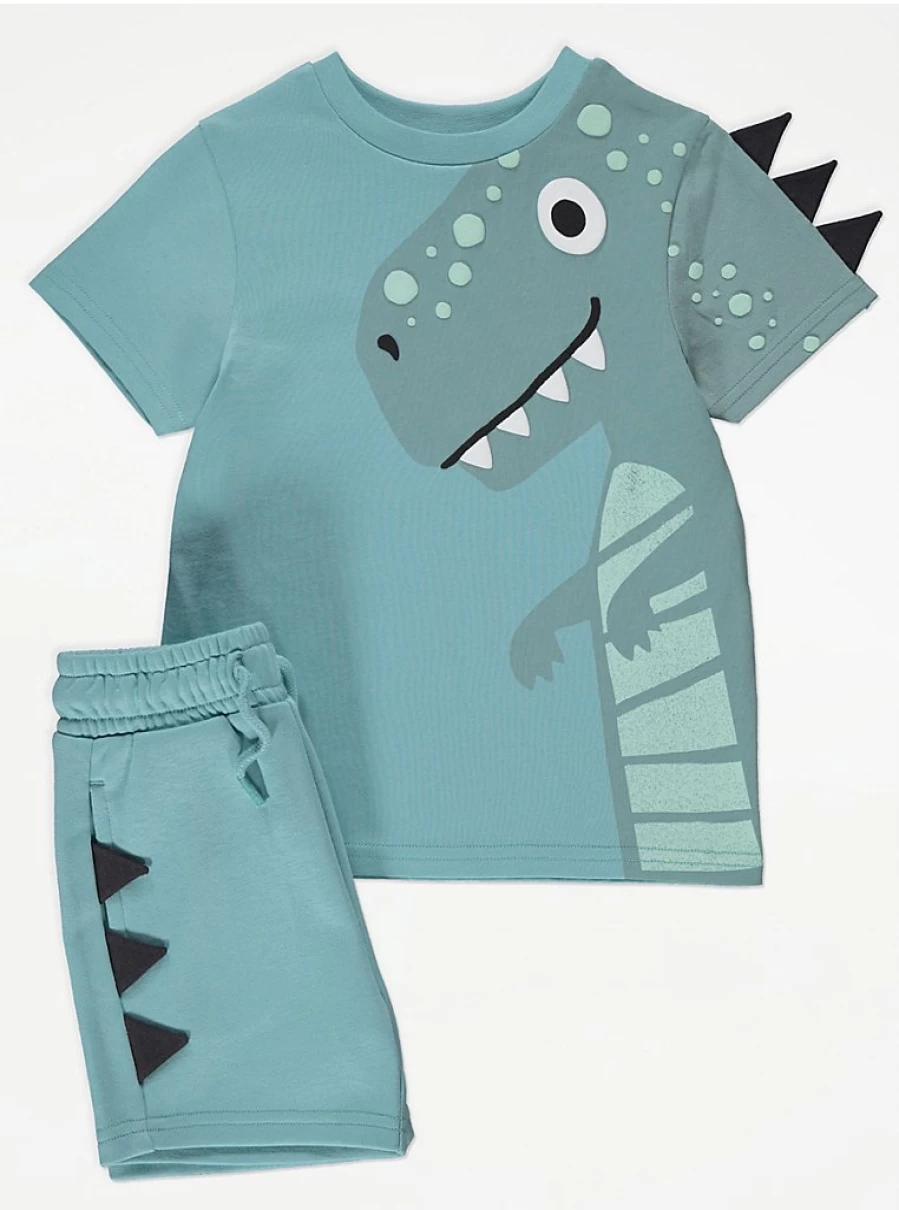 "George at Asda Boys' Teal Dinosaur Spike Graphic T-Shirt and Shorts Set – Kids' Outfit Review"