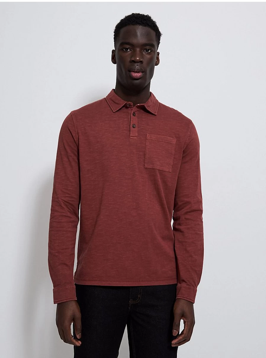 Men's Rust-Colored Slub Long Sleeve Polo Shirt | George at Asda
