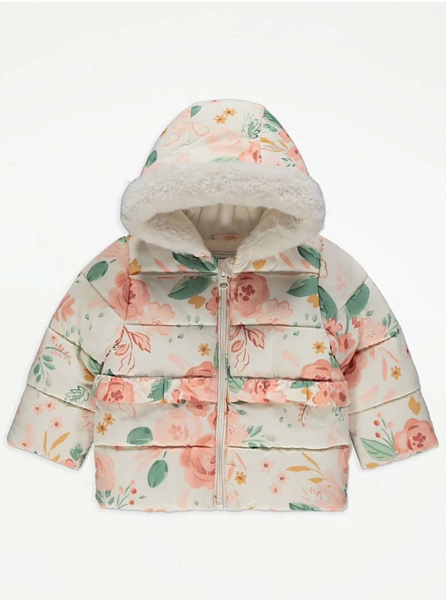 George at Asda Baby Girls' Floral Padded Jacket with Fur Trim | Warm Winter Coat Review