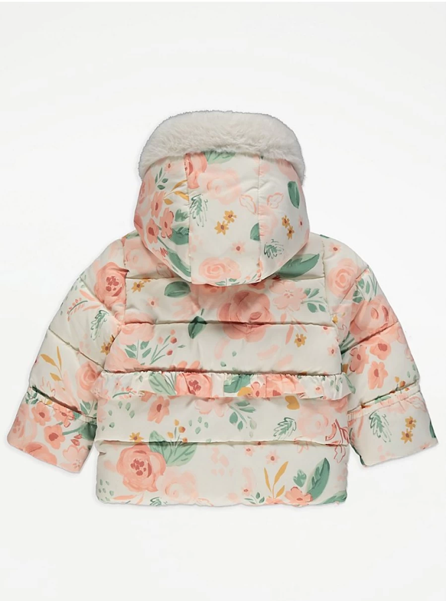 George at Asda Baby Girls' Floral Padded Jacket with Fur Trim | Warm Winter Coat Review