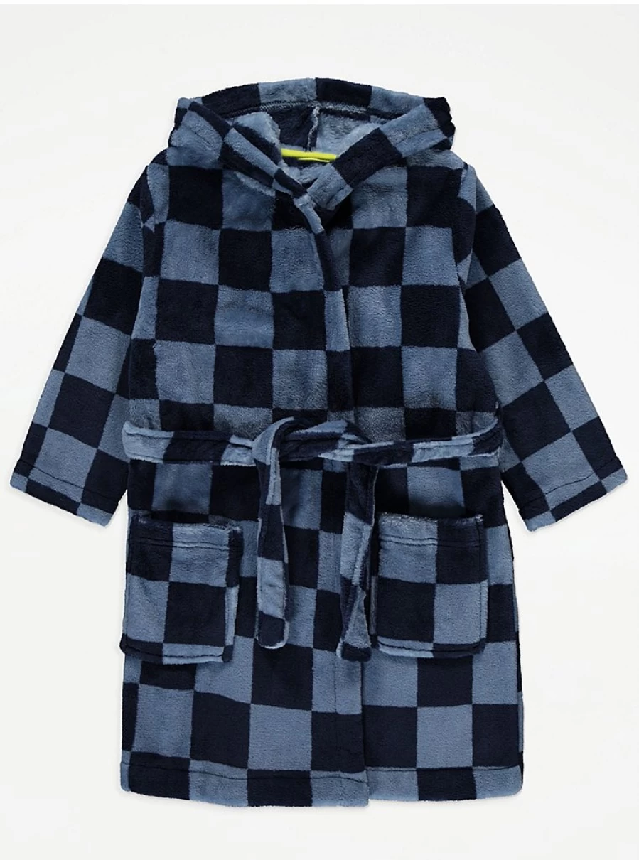 "George at Asda Boys Blue Checked Fleece Dressing Gown – Warm & Comfortable Kids Robe"