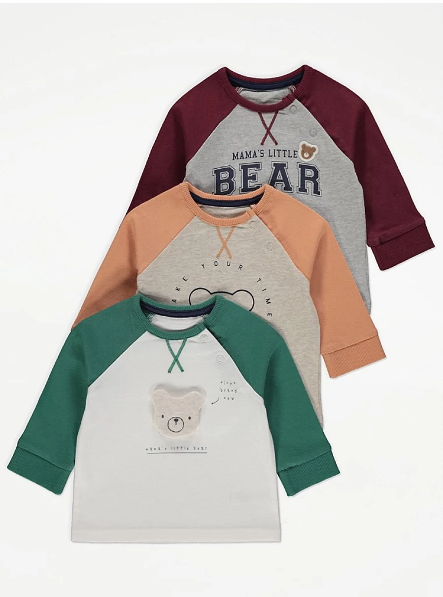 George at Asda Baby Varsity Bear 3-Pack Long Sleeve Tops – Soft & Stylish Crewneck Shirts