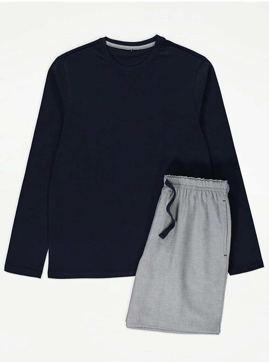 Men's Navy Blue Long Sleeve Oxford Cotton Pyjama Set | George at Asda Sleepwear