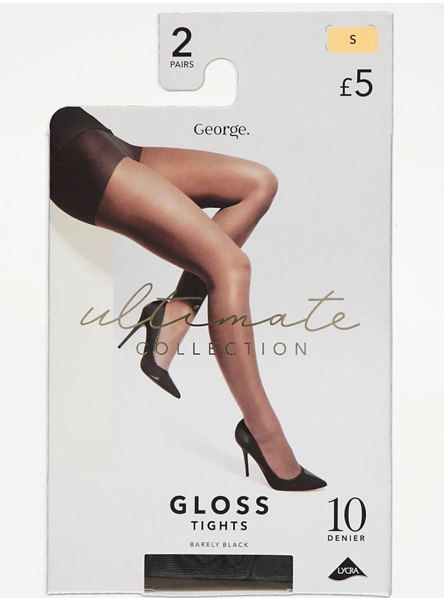 George at Asda Black Gloss 10 Denier Tights 2 Pack - Ultra Sheer & Shiny Hosiery for Everyday Wear
