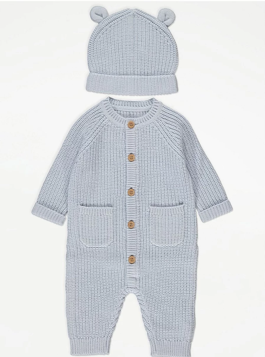 "George at Asda Baby Light Blue Rib Knit Raglan Sleeve Romper with Matching Hat Outfit"