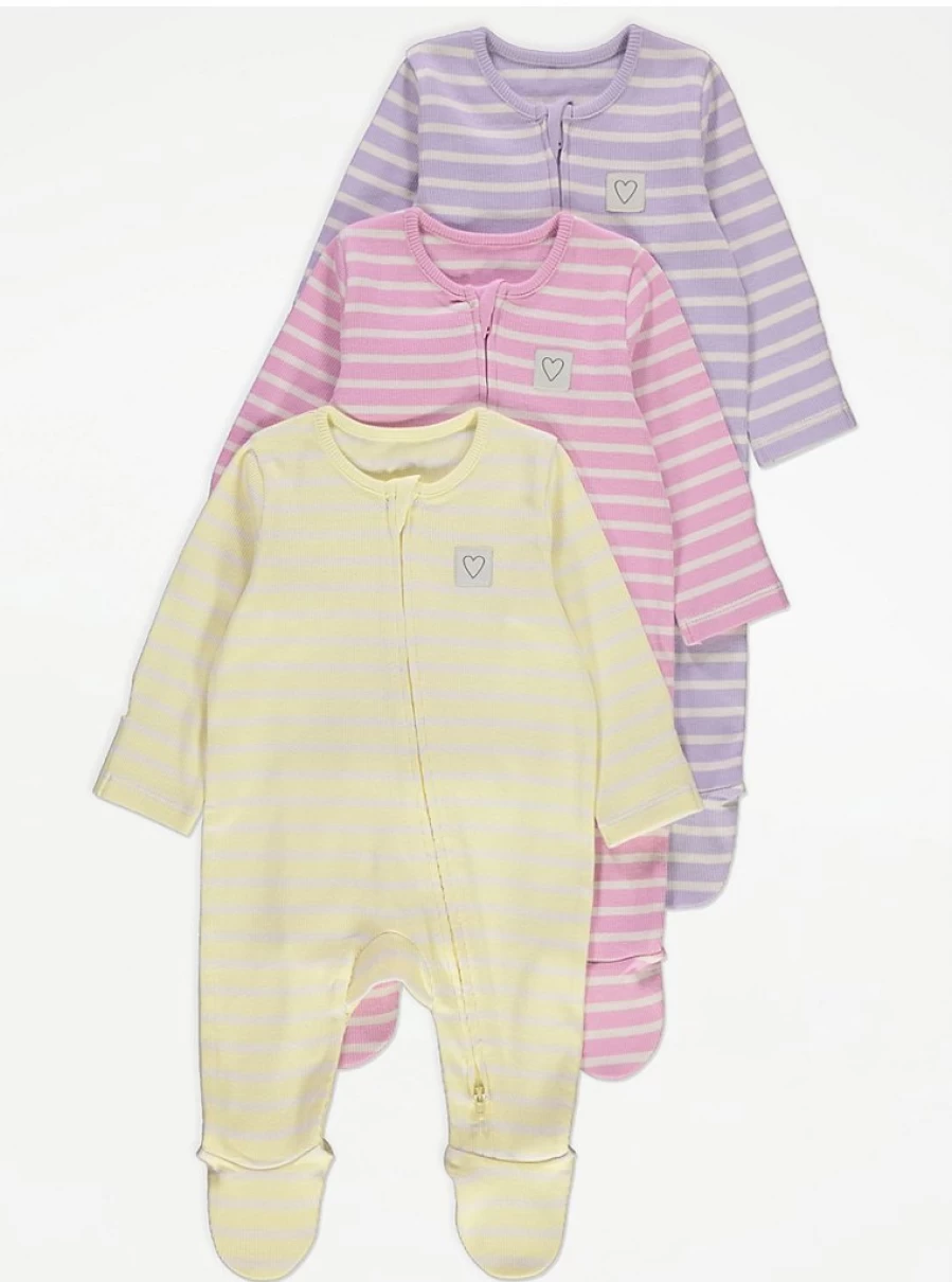 "George at Asda Baby Pastel Striped Zip-Up Sleepsuits 3-Pack | Soft Long Sleeve Pajamas"