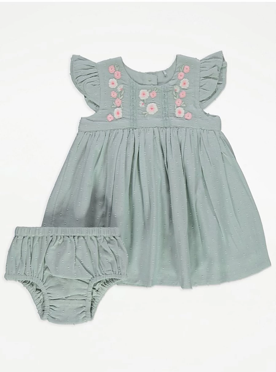 "George at Asda Baby Girls Sage Green Floral Embroidered Dress and Bloomers Set – Review & Outfit Details"