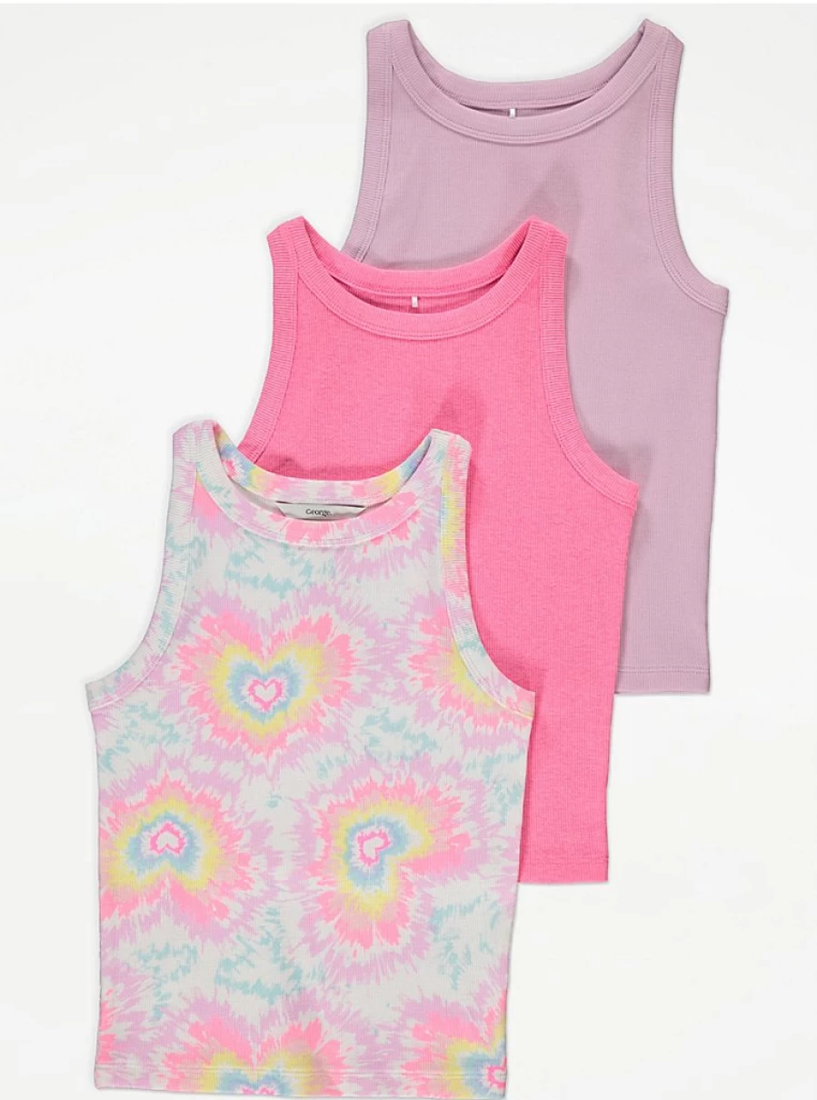 Girls Pink Heart Tie-Dye Rib Vests 3-Pack | George at Asda | Cute Summer Tops for Kids