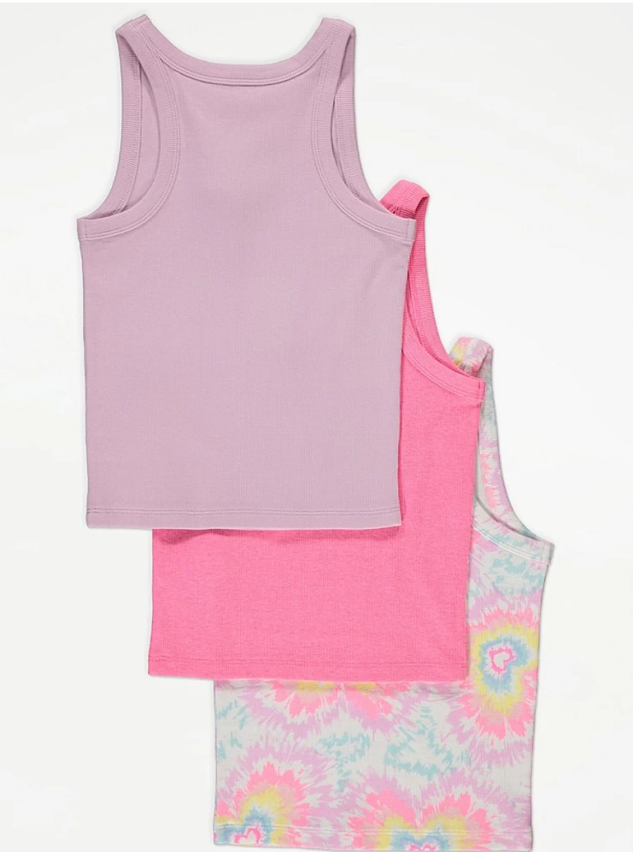 Girls Pink Heart Tie-Dye Rib Vests 3-Pack | George at Asda | Cute Summer Tops for Kids