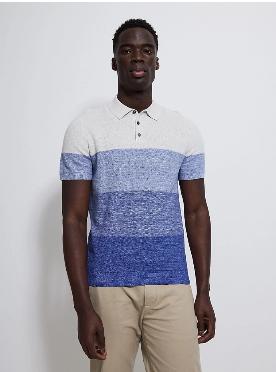 Men's Blue Ombre Striped Knitted Polo Shirt | George at Asda
