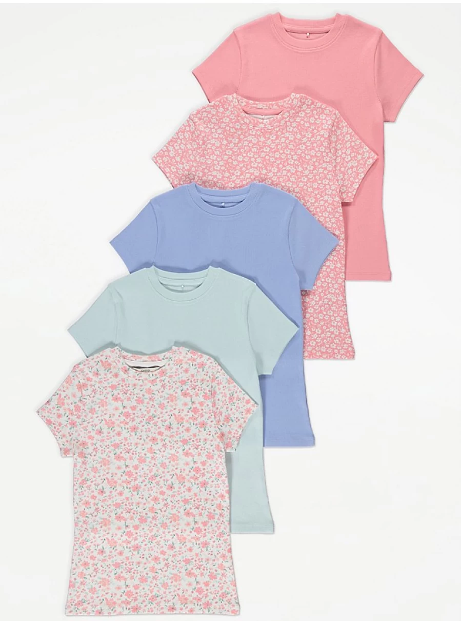 "George at Asda Girls' Ditsy Floral Ribbed Short Sleeve Tops 5-Pack Review"
