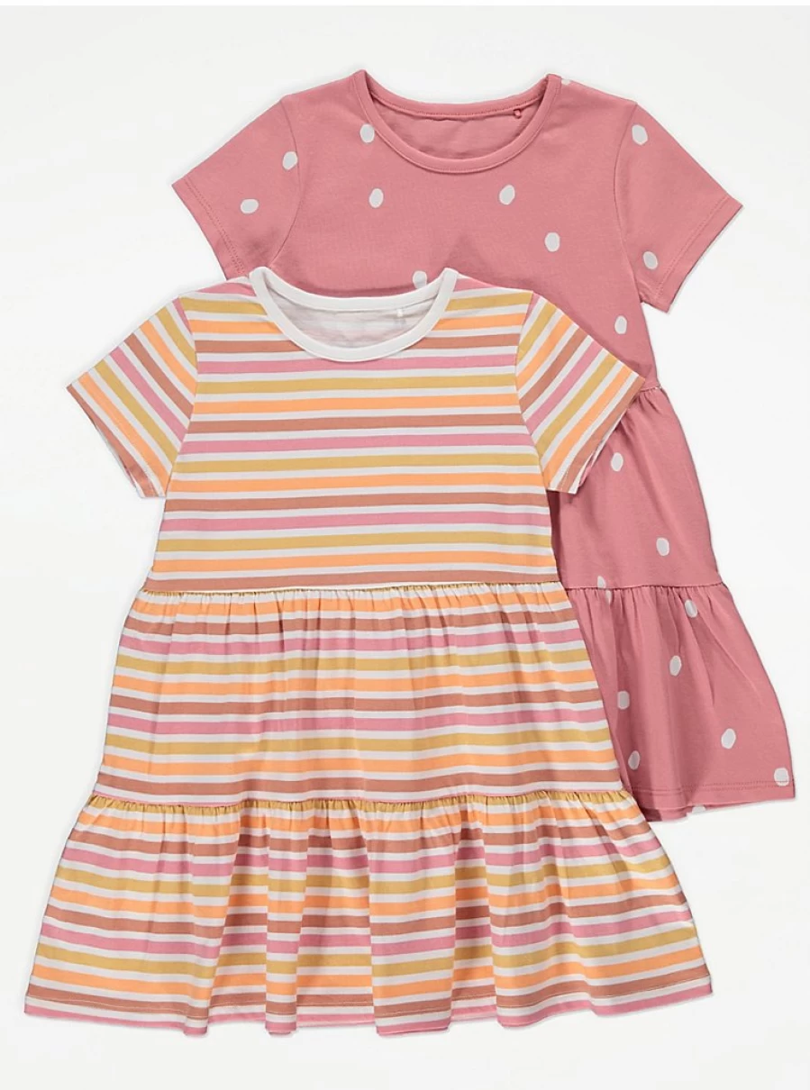 "George at Asda Girls' Pink Stripe & Spot Tiered Dress 2-Pack – Cute Kids' Dresses Set"