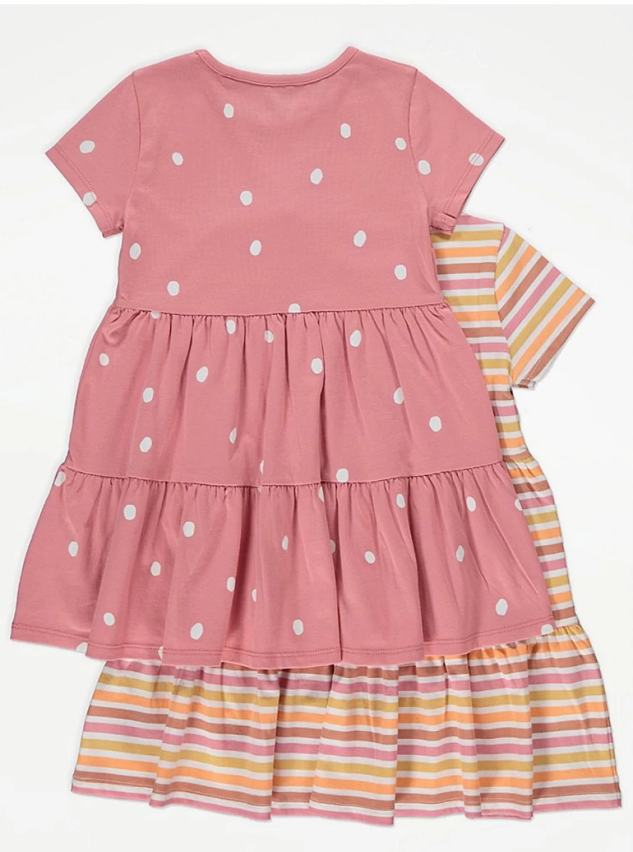 "George at Asda Girls' Pink Stripe & Spot Tiered Dress 2-Pack – Cute Kids' Dresses Set"