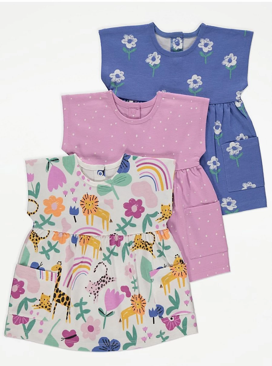 George at Asda Baby Girls' Patterned Jersey Dress 3-Pack - Soft Cotton Play Dresses Set