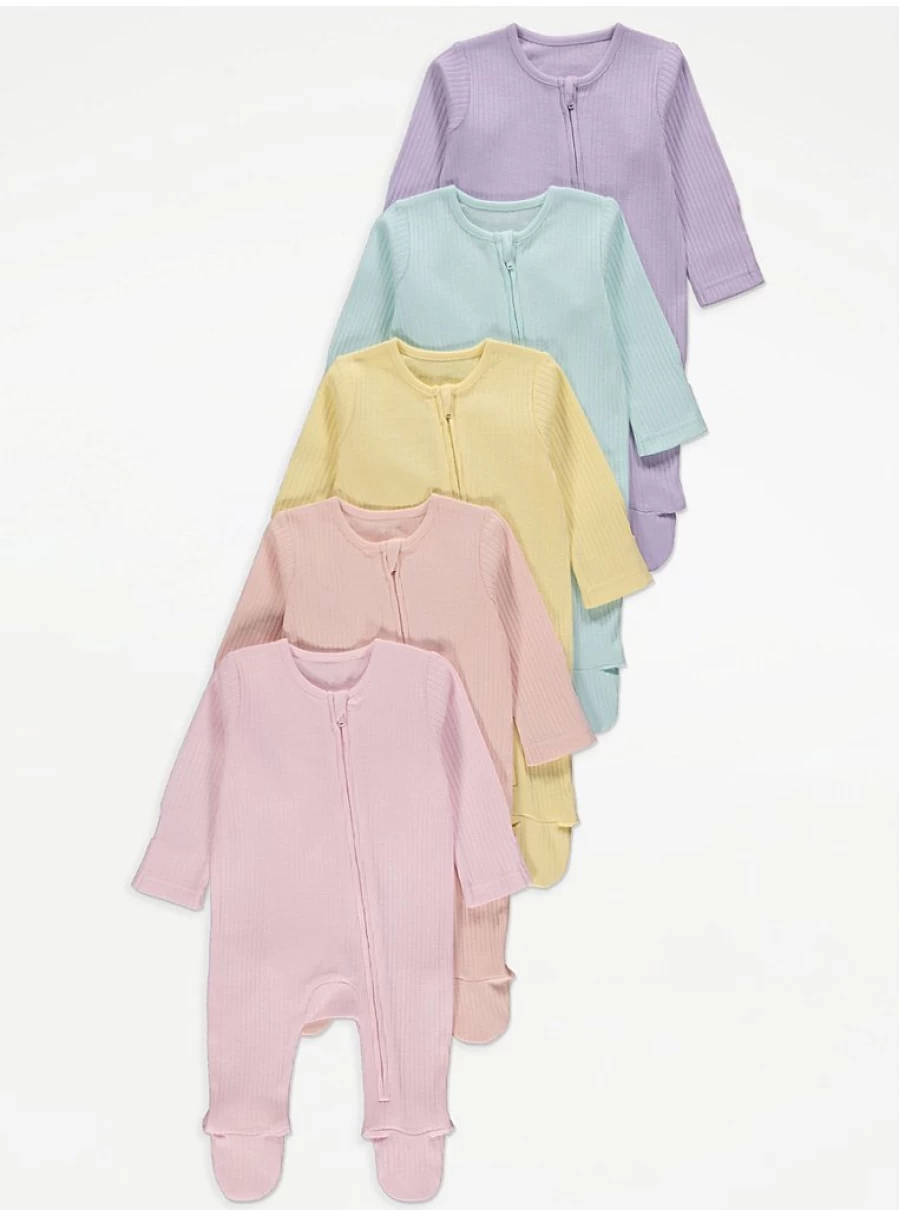 "George at Asda Baby Pastel Ribbed Zip-Up Sleepsuits 5-Pack | Soft Infant Pajamas"