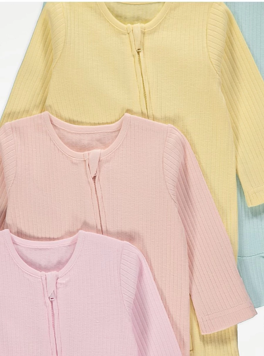 "George at Asda Baby Pastel Ribbed Zip-Up Sleepsuits 5-Pack | Soft Infant Pajamas"