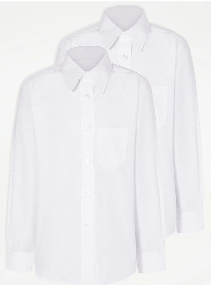 "George at Asda Boys' Plus Fit Long Sleeve White School Shirts 2-Pack – Comfort & Quality"