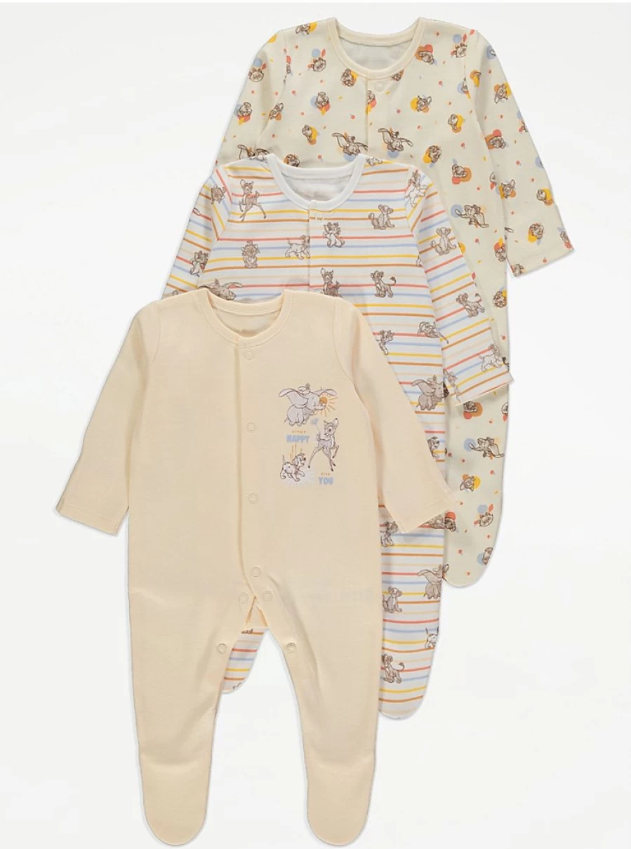 George at Asda Disney Classics Baby Sleepsuits 3-Pack - Soft Yellow Pajamas for Infants
