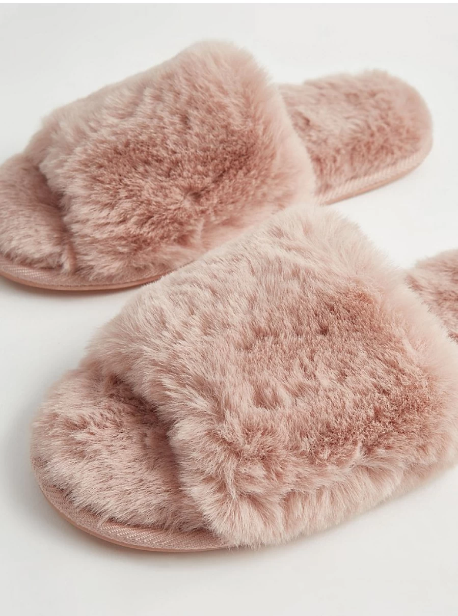 "George at Asda Pink Faux Fur Slide Slippers for Women - Soft Plush Lingerie Lounge Slippers"
