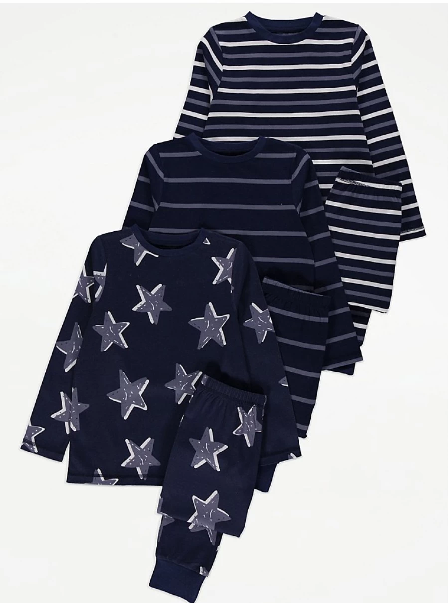 George at Asda Boys' Stars and Stripes Pyjamas 3-Pack - Comfortable Kids' Pajama Set