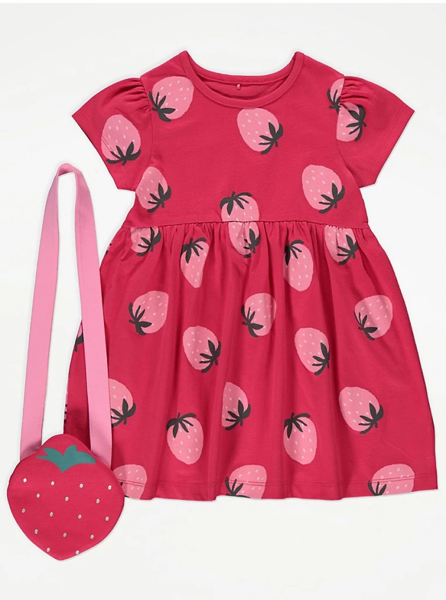 "George at Asda Girls' Red Strawberry Print Jersey Dress with Matching Bag Outfit Review"