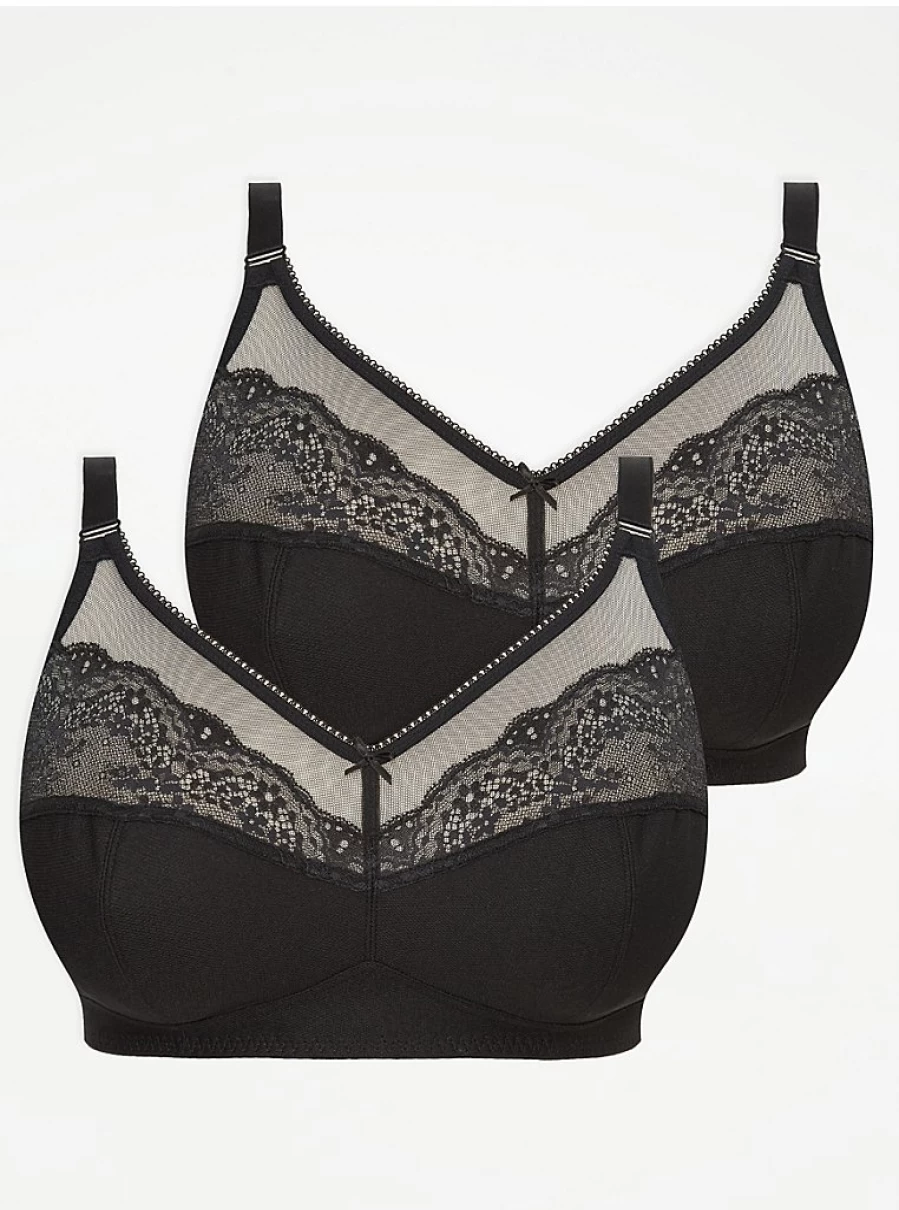 "George at Asda Women's Black Full Cup Non-Wired Lace Bras 2-Pack | Comfortable Lingerie Set"