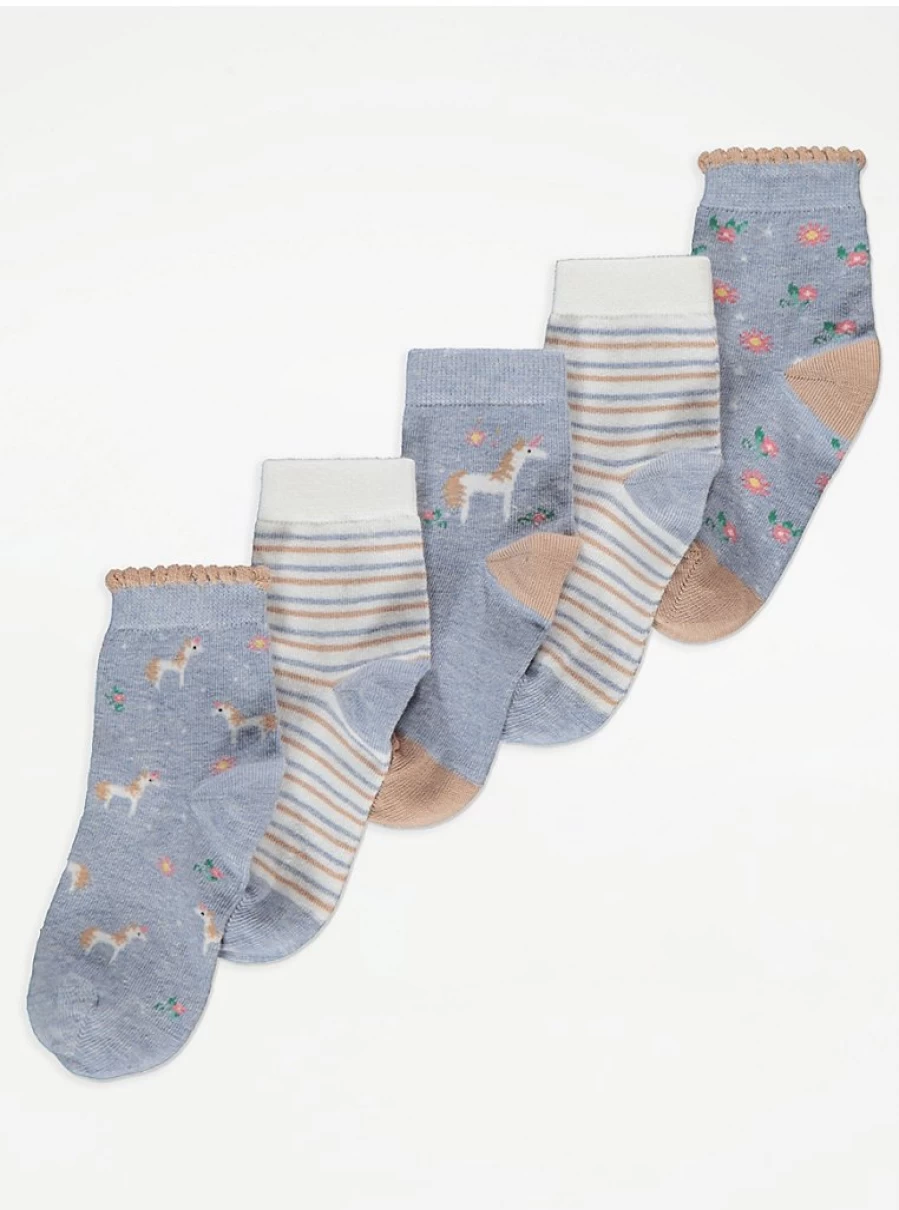 "George at Asda Kids' Floral Unicorn Ankle Socks - 5 Pack Soft Cotton Rich Socks for Children"