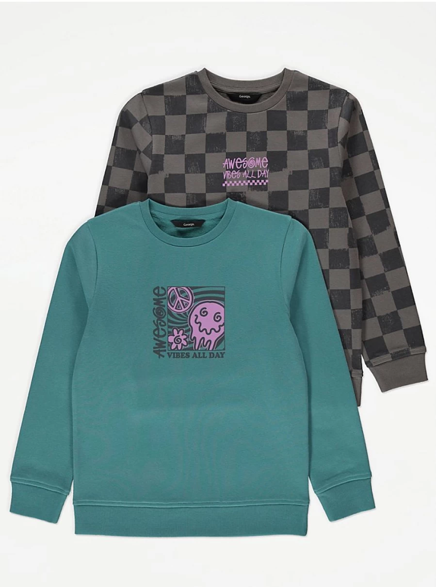 "George at Asda Boys' Awesome Skater Check Sweatshirts 2 Pack – Comfortable & Stylish"