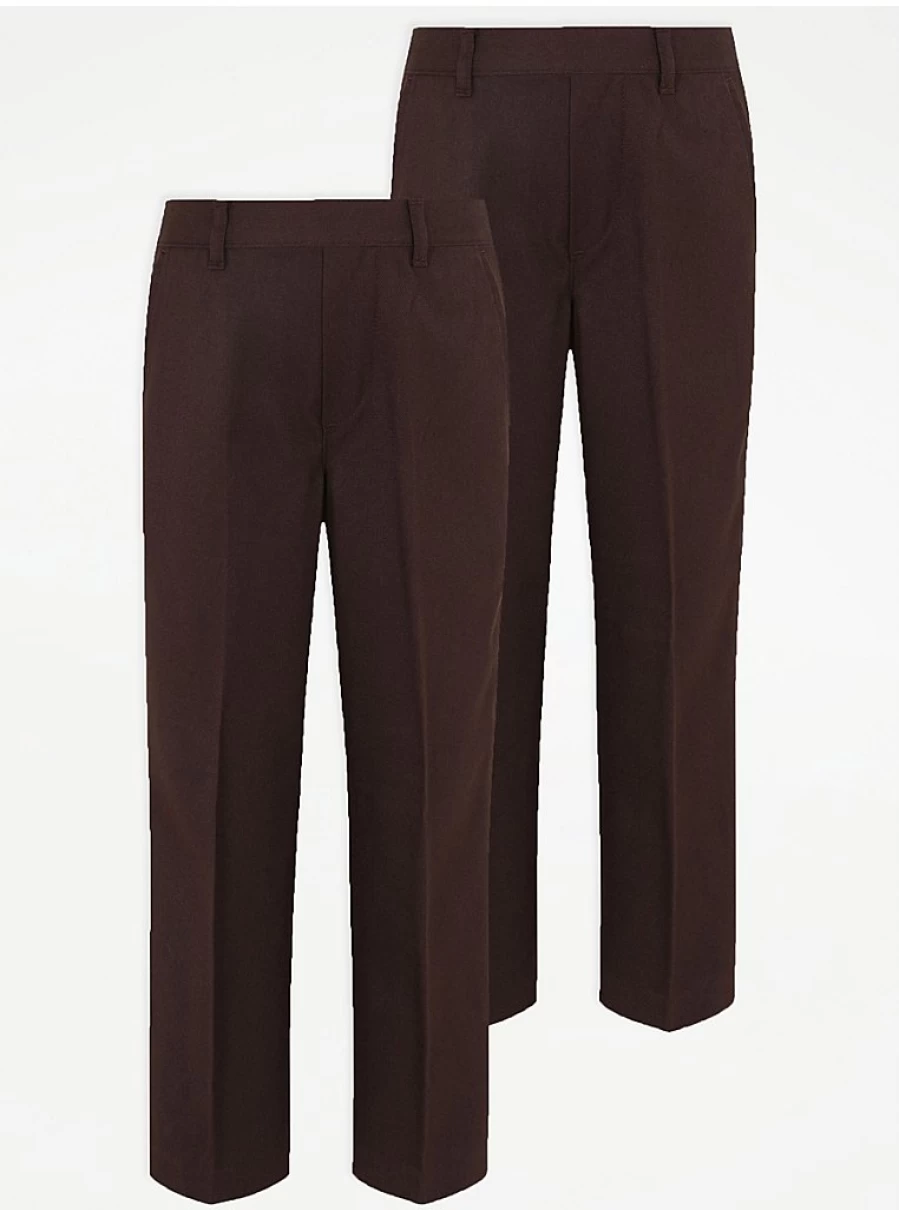 "George at Asda Boys' Brown Half Elastic School Trousers 2-Pack – Comfortable & Durable Uniform Pants"