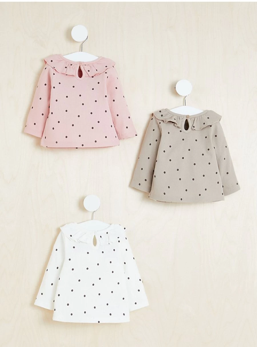 Girls' Ribbed Spotty Long Sleeve Tops 3 Pack - George at Asda