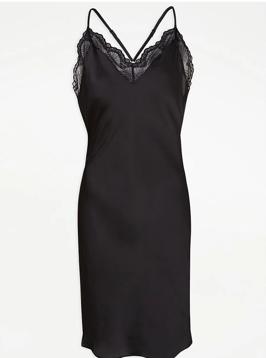 Black Lace Trim Satin Chemise Nightdress by George at Asda | Women's Lingerie Nightgown