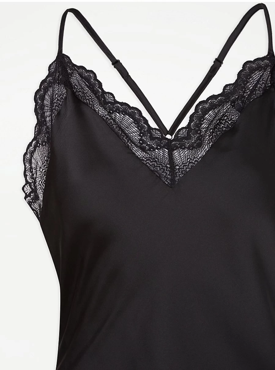 Black Lace Trim Satin Chemise Nightdress by George at Asda | Women's Lingerie Nightgown