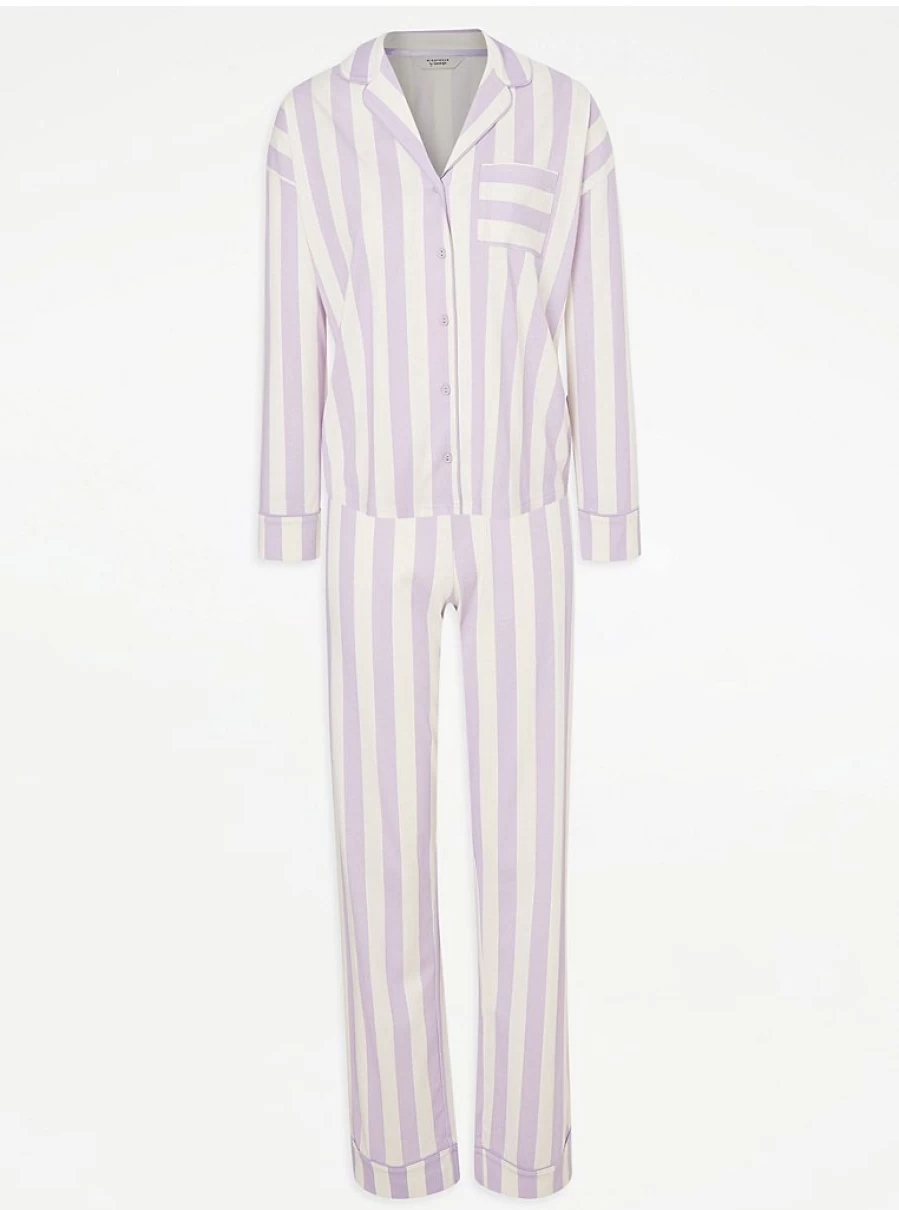 "George at Asda Lilac Striped Long Sleeve Pajama Set - Women's Comfortable Sleepwear & Loungewear"