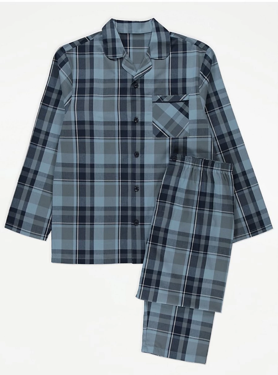 "George at Asda Men's Blue Checked Long Sleeve Pyjama Shirt – Comfort & Style"