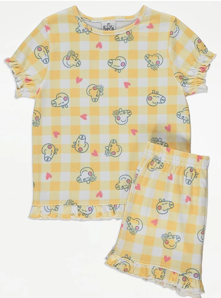 "George at Asda Peppa Pig Girls' Yellow Gingham Short PJ Set - Kids' Cartoon Print Pajamas"