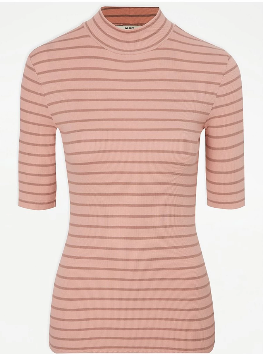 "George at Asda Women's Pink Striped Ribbed Half Sleeve Stand Neck T-Shirt Reviews"
