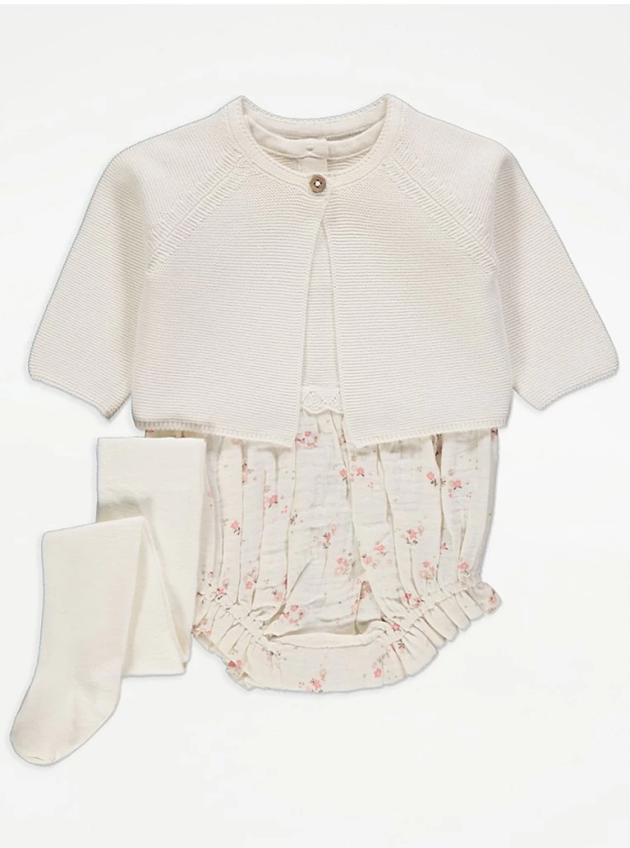 "George at Asda Baby Girls' Floral Romper Cardigan & Tights Set - Cream Outfit Review"