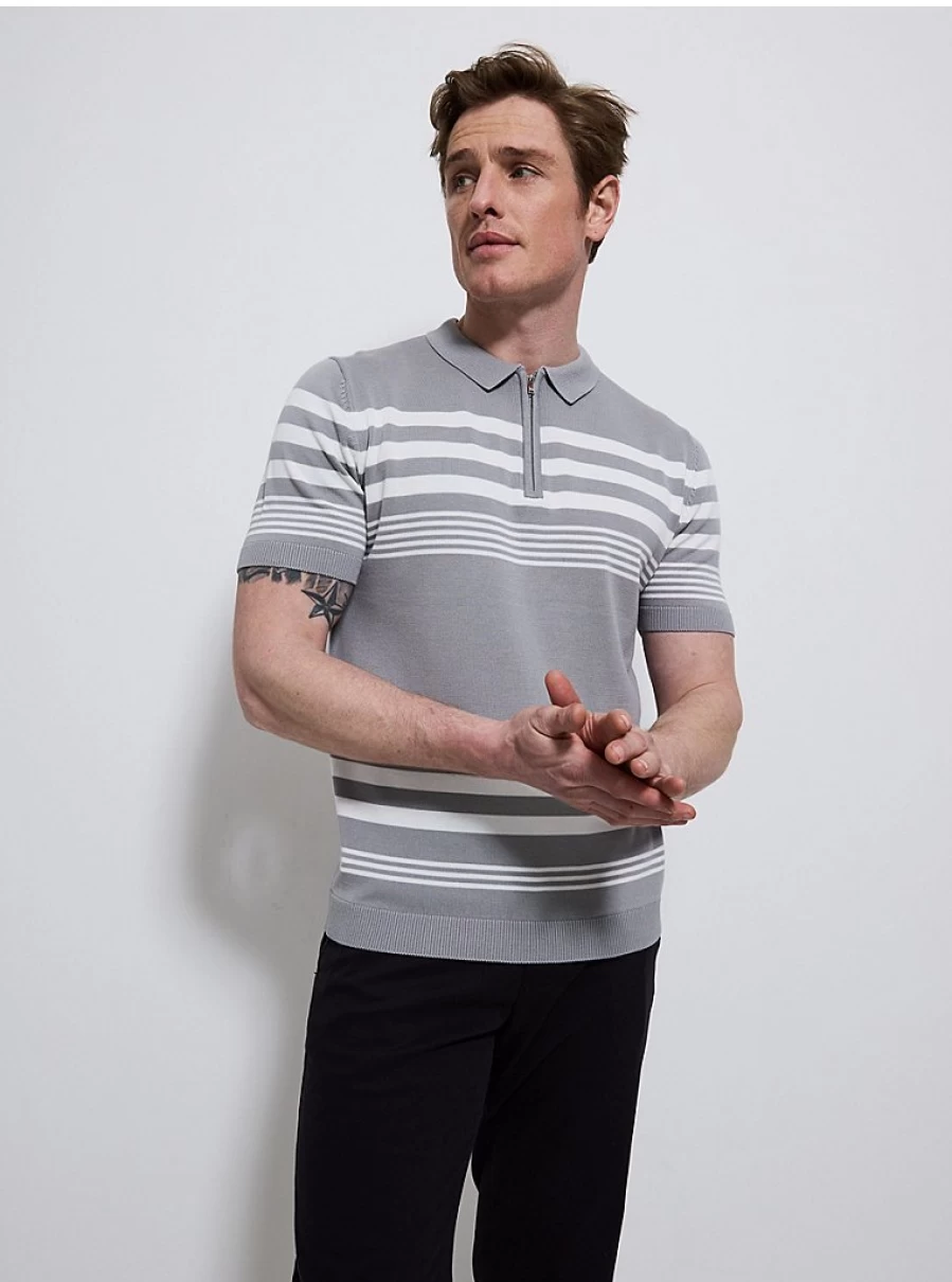 Men's Grey Striped Knitted Polo Top with Zip Neck | George at Asda