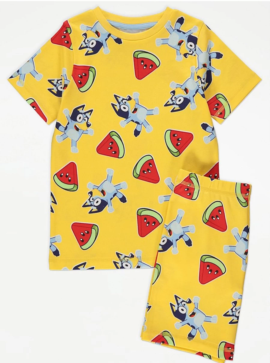 "George at Asda Kids Bluey Yellow Watermelon Print Short Pyjamas | Comfortable Sleepwear for Children"
