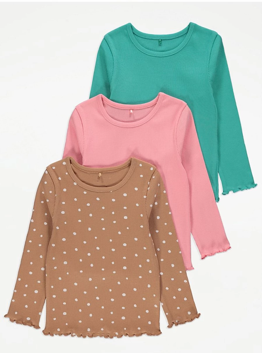 "George at Asda Girls' 3 Pack Ribbed Long Sleeve Tops | Kids Comfortable Stretch Tees"