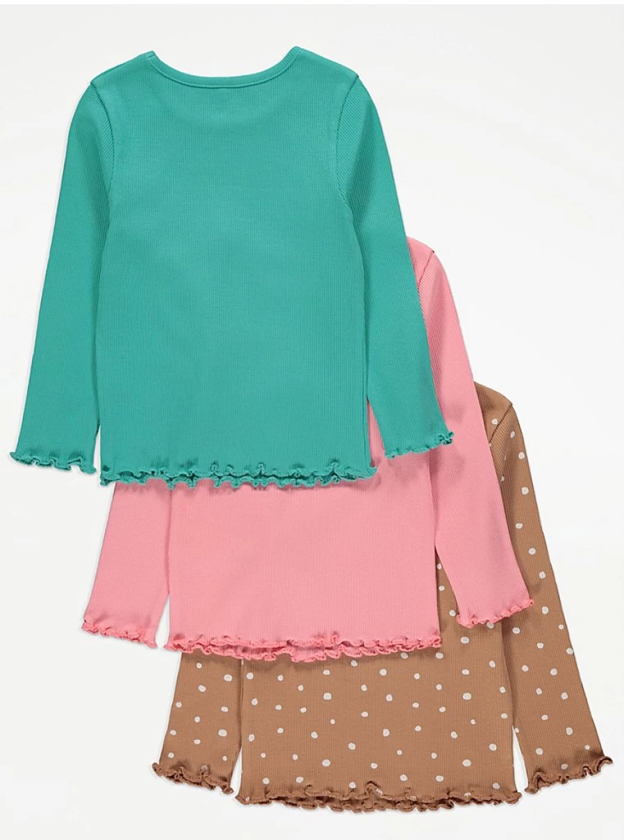 "George at Asda Girls' 3 Pack Ribbed Long Sleeve Tops | Kids Comfortable Stretch Tees"
