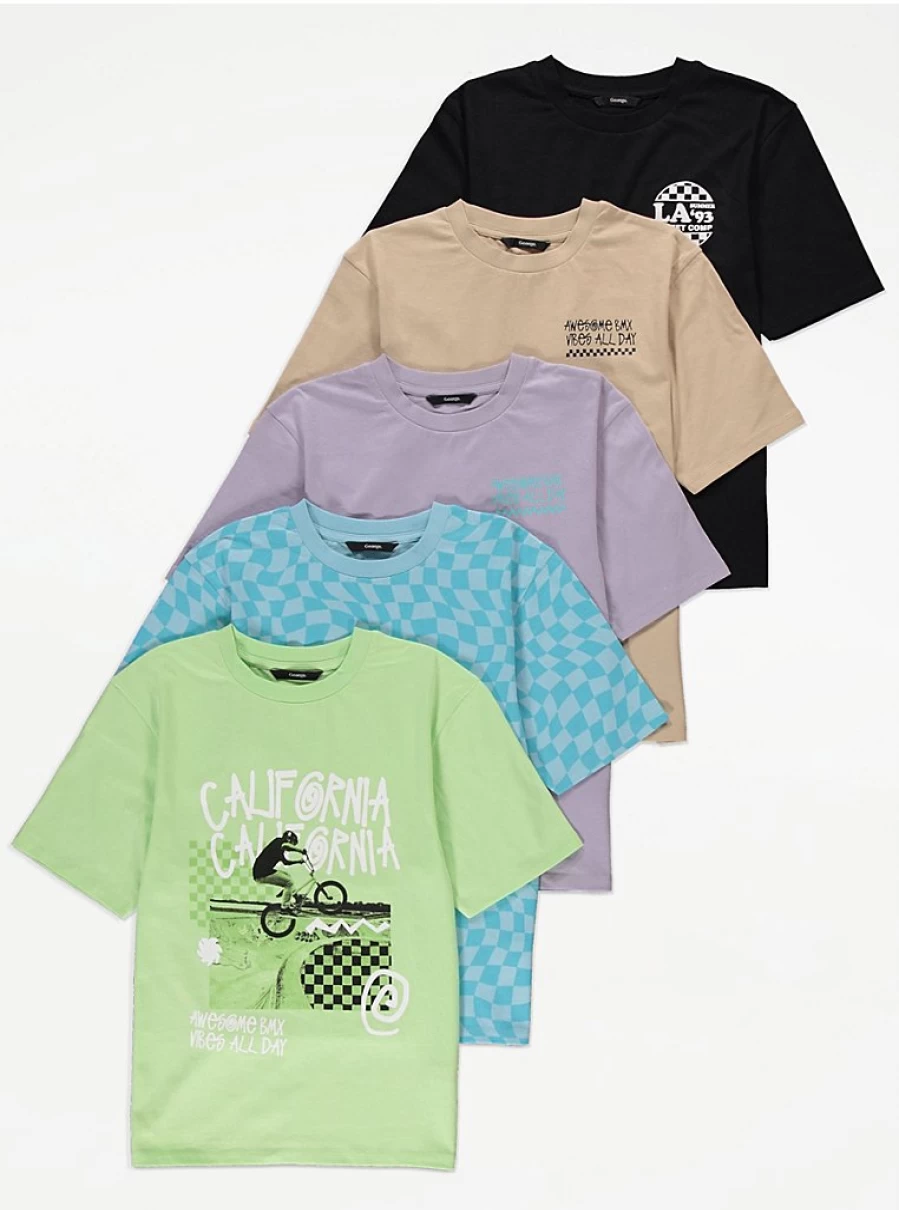 "George at Asda Boys' Skate Check Graphic T-Shirts 5 Pack - Comfortable Kids' Tee Set"