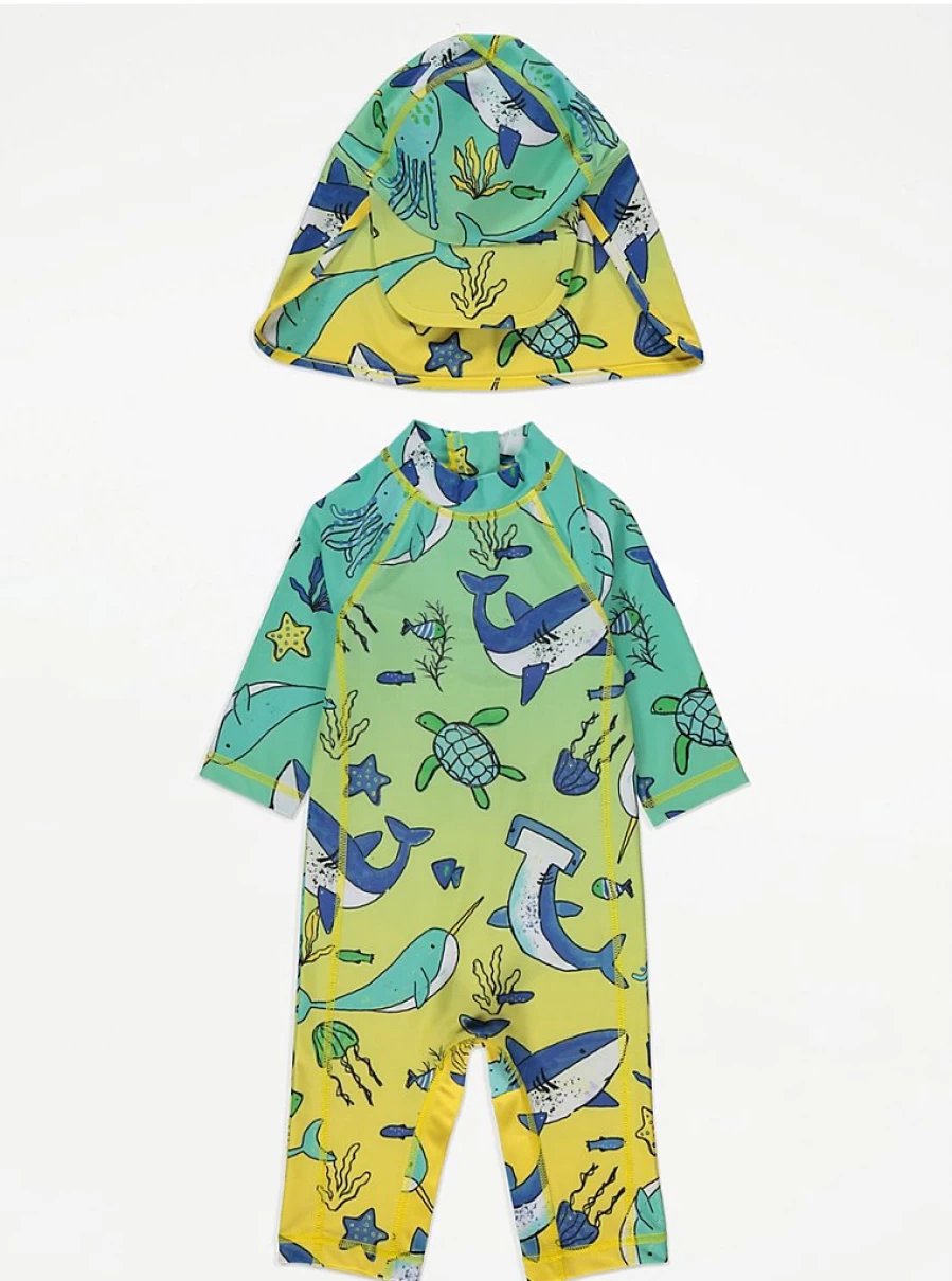 "George at Asda Boys Green Ombre Shark Swimsuit with Keppi Hat – Kids Swimwear Review"